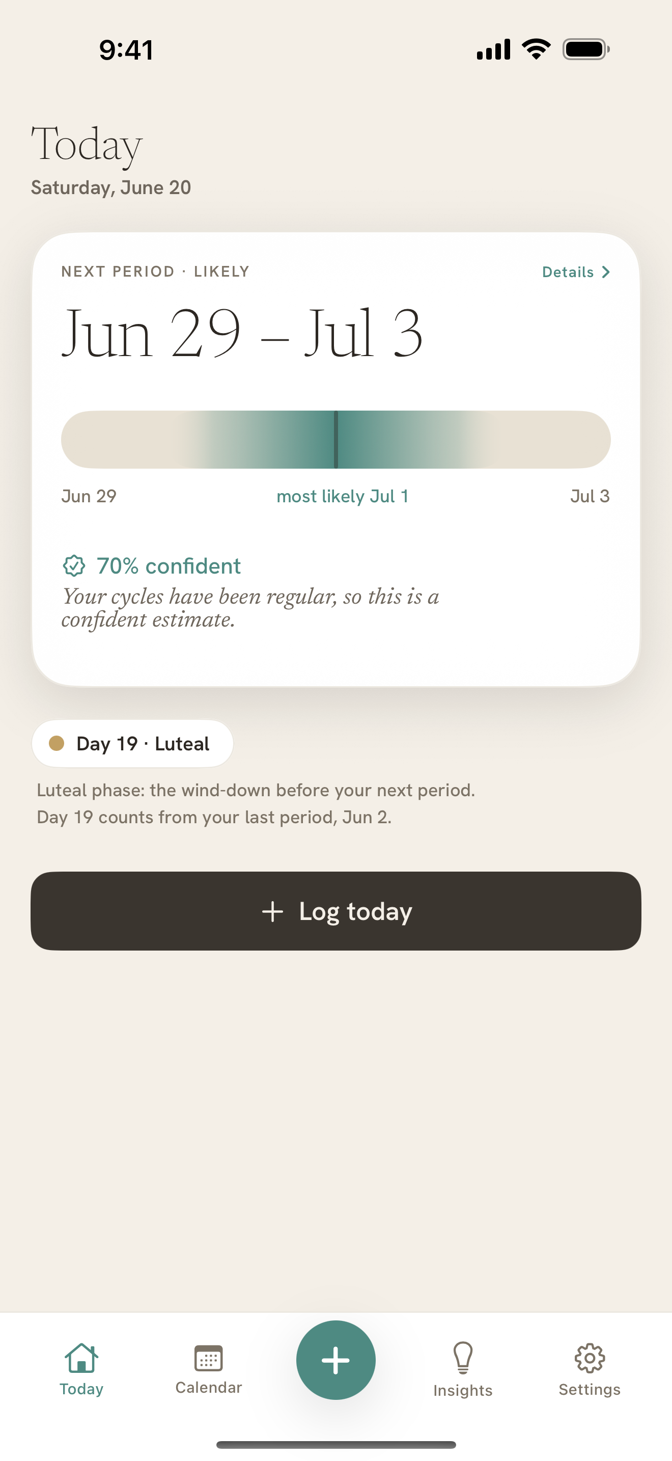 Ebb Today screen — the next period predicted as a date range with a confidence level